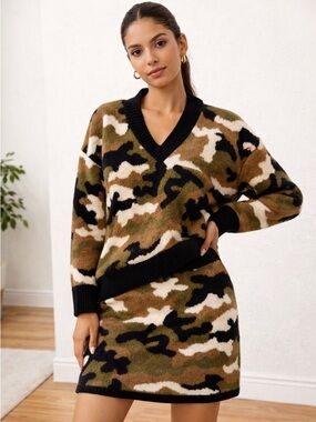 ZARA Camo Knit Sweater & Skirt Set Women’s Small Trendy Matching Set